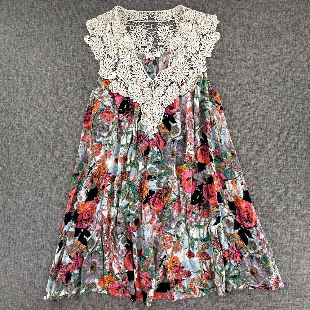 Umgee Mini Shift Dress Small Floral Crochet Neckline Cotton‎ Blend V-Neck